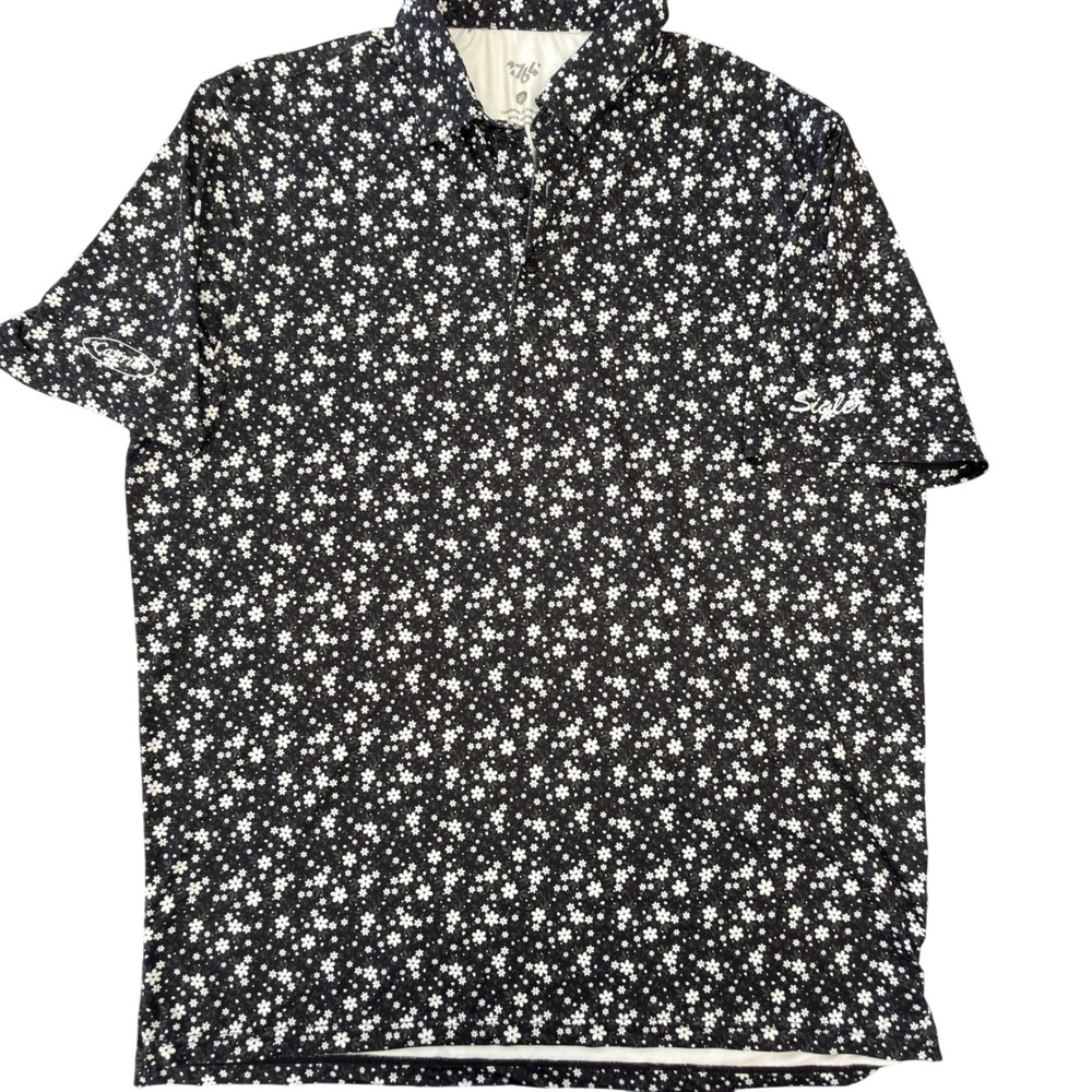 1764 Womens Floral Performance Polo Shirt Black White Daisy Print XL Short Sleev
